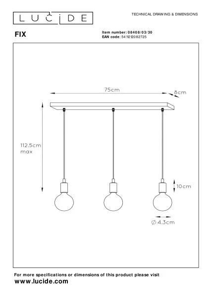 Lucide FIX - Pendant light - 3xE27 - Black - technical